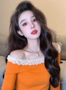 早秋韩系chic单穿上衣设计感小众松弛感一字肩花边橙色长袖t恤女