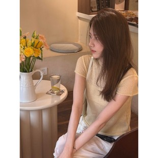 2025新款 女 韩里韩气夏日通勤漂亮上衣简约百搭气质黄色短袖 针织衫