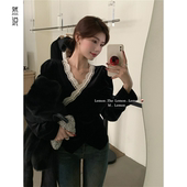 法式 V领高级感别致绝美小上衣 新款 蕾丝花边丝绒衬衫 女2025秋冬季