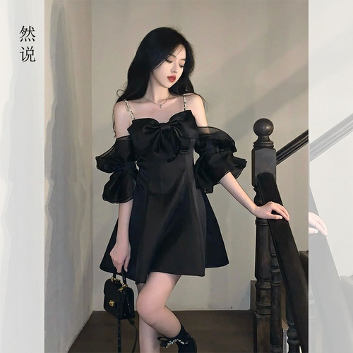 一字肩蝴蝶结小黑裙法式