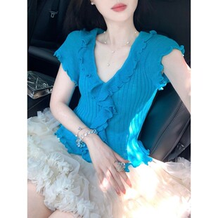 多巴胺蓝色荷叶边短袖 夏日绝美漂亮上衣轻熟小众不撞款 针织t恤女