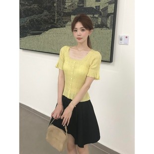 上衣修身 2025超火减龄正肩短袖 显瘦多巴胺黄色木耳边针织t恤女夏