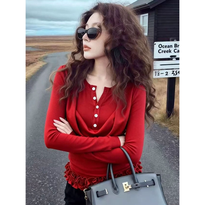 复古红色荡领纽扣假两件打底衫