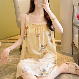 睡裙夏季女吊带棉绸连衣裙睡衣夏天凉感人造棉少女可爱绵绸家居服