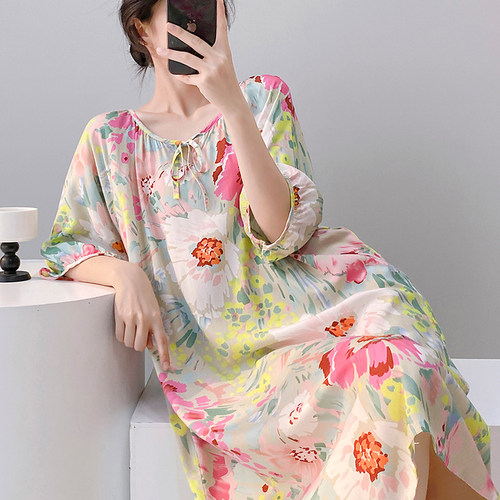 睡裙女夏棉绸短袖睡衣中老年妈妈