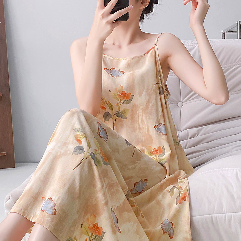 棉绸睡裙女夏天印花薄人造棉吊带长裙可外穿海边度假高级感连衣裙
