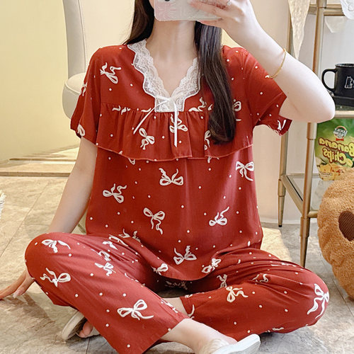 新款棉绸短袖长裤家居服绵绸套装