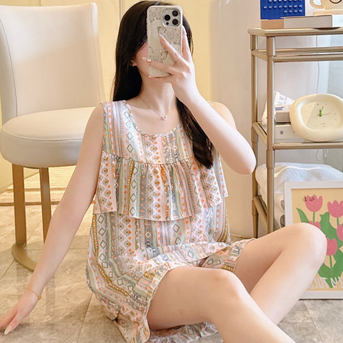 夏季绵绸睡衣女士套装宽松薄款棉家居服胖mm大码人造棉背心短裤装