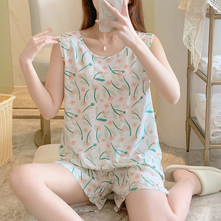 夏天圆领无袖背心两件套棉绸睡衣女士夏季绵绸人造棉女款夏款套装