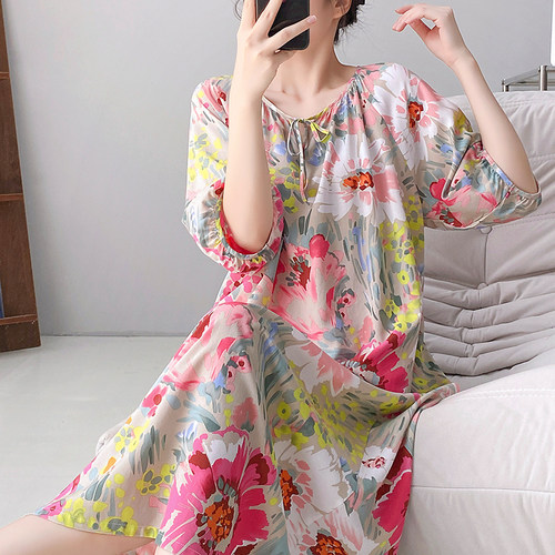 棉绸睡裙女夏薄款绵绸睡衣