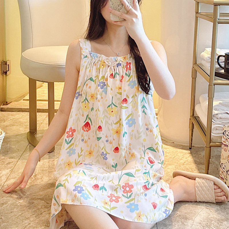 睡裙夏季女吊带棉绸小碎花睡衣夏天凉感人造棉少女可爱绵绸家居服