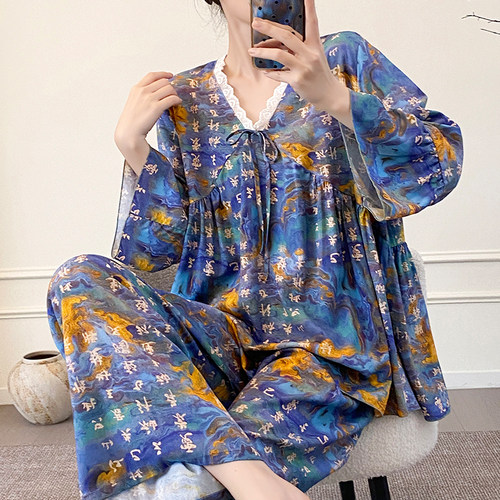 复古风棉绸睡衣女春夏季长袖宽松