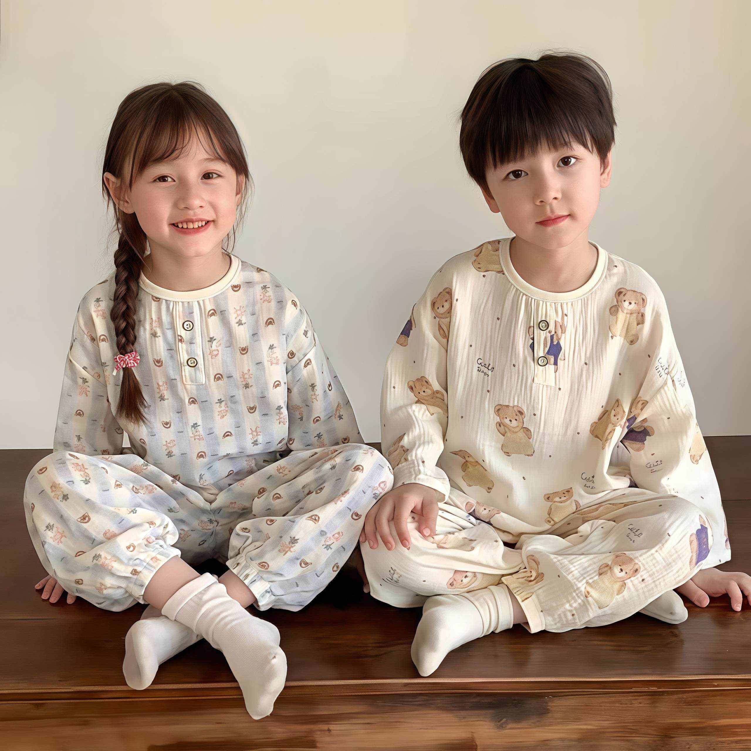 儿童睡衣套装纯棉纱布夏季春秋男童女宝宝宽松薄款长袖空调家居服