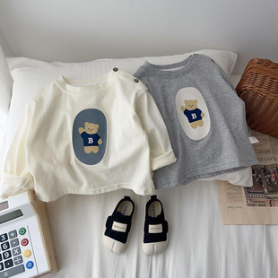 男女童百搭圆领T恤ins 上衣儿童小熊打底衫 春秋季 宝宝卡通肩扣长袖