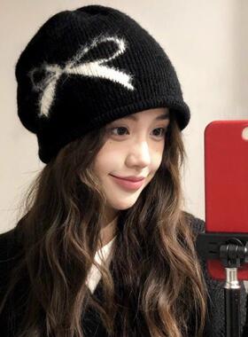 蝴蝶结黑色堆帽女秋冬保暖针织套头冷帽复古大头围显脸小包头堆帽