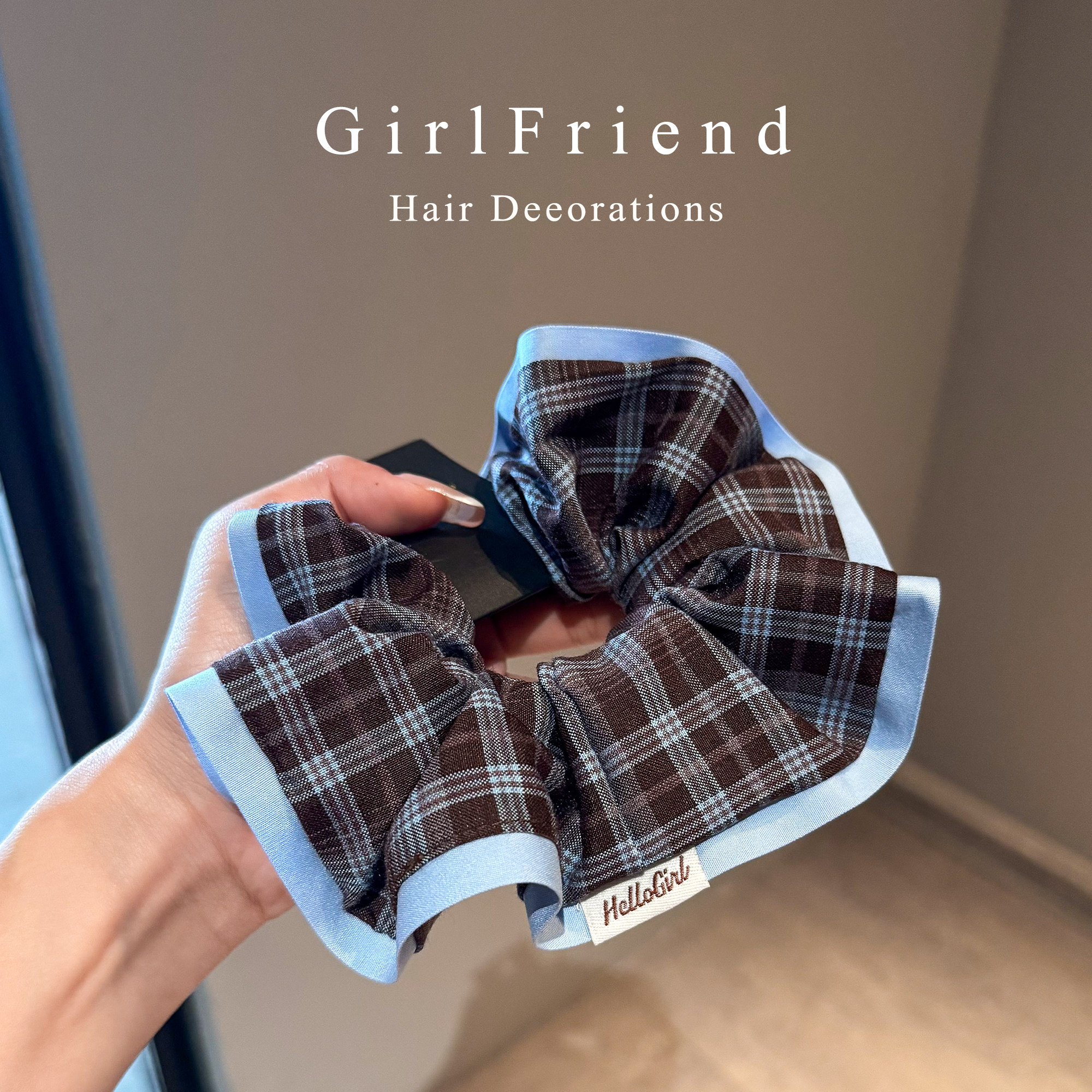 韩系复古学院风蓝棕撞色格纹大肠发圈女包边秋冬扎马尾后脑勺头饰