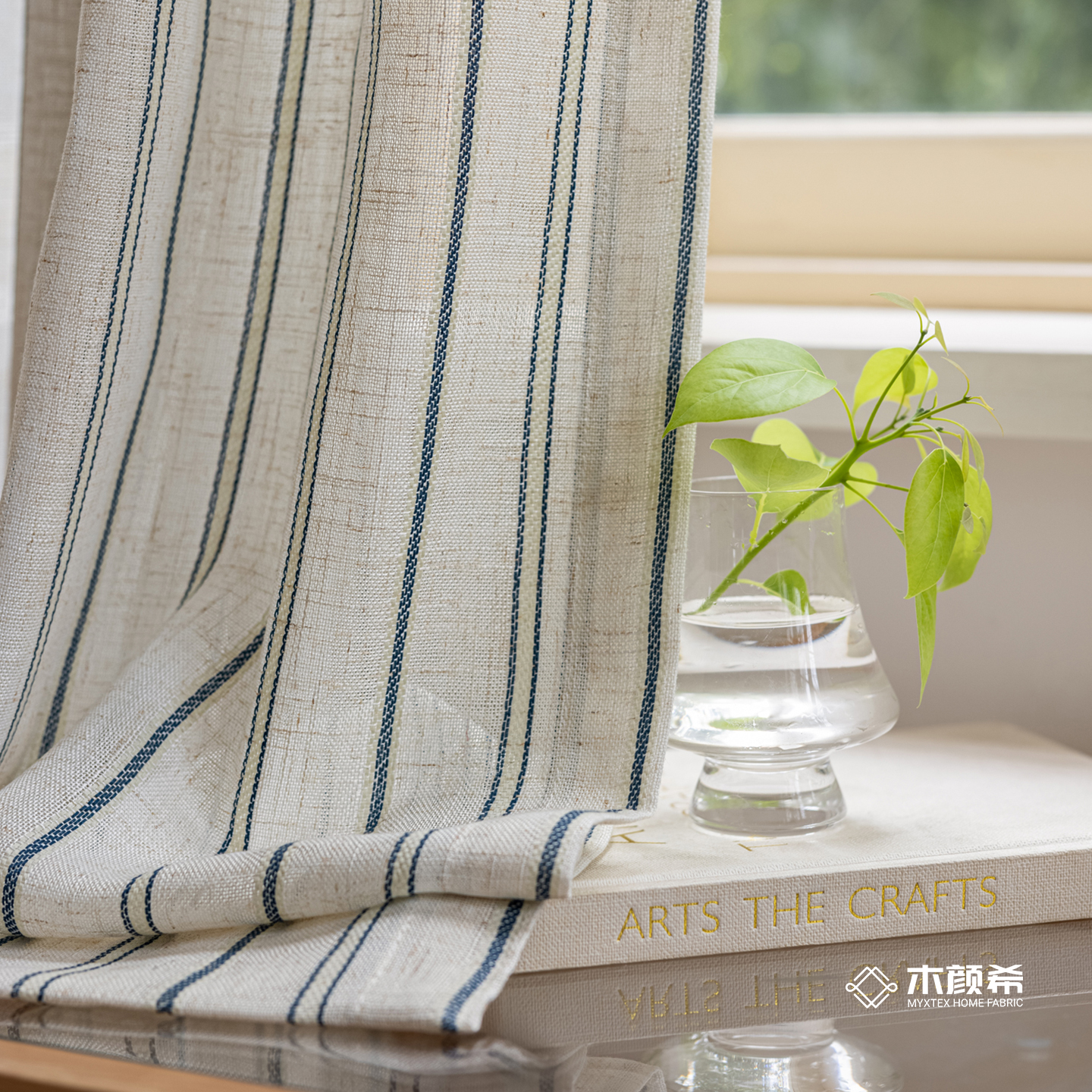 原木风棉麻条纹纱帘窗帘定制书房阳台卧室落地窗飘窗北欧蓝条窗纱