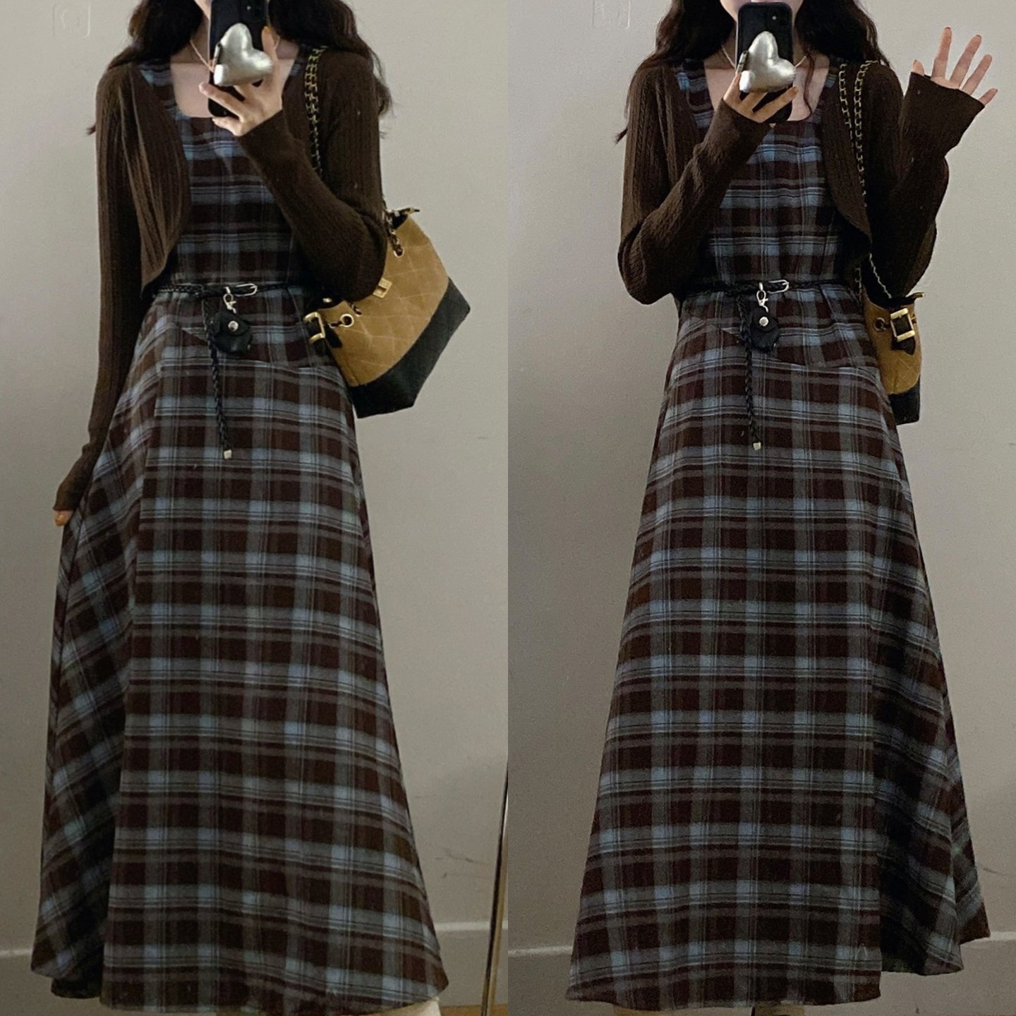大码女装复古两套格子连衣裙秋季遮肚显瘦裙子A字裙