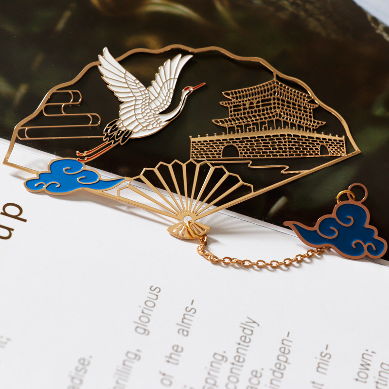 折扇玉兰花书签镀金古典中国风仙鹤镀黄铜流苏书签小清新文创礼品企业