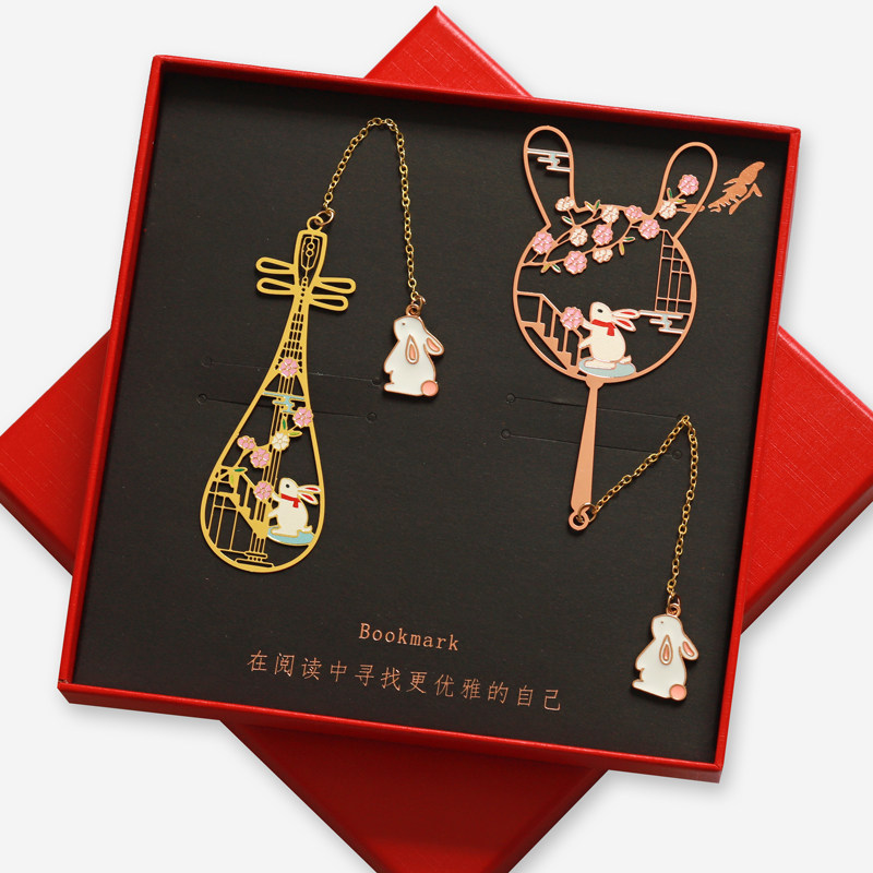 琵琶樱花兔樱花猫团扇黄铜镀金书签金属创意礼品定制刻字礼物猫咪可爱