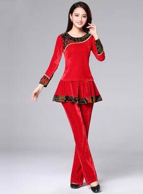 广场舞金丝绒舞蹈服套装秋冬季加厚中老年跳舞演出服装秧歌舞短裙