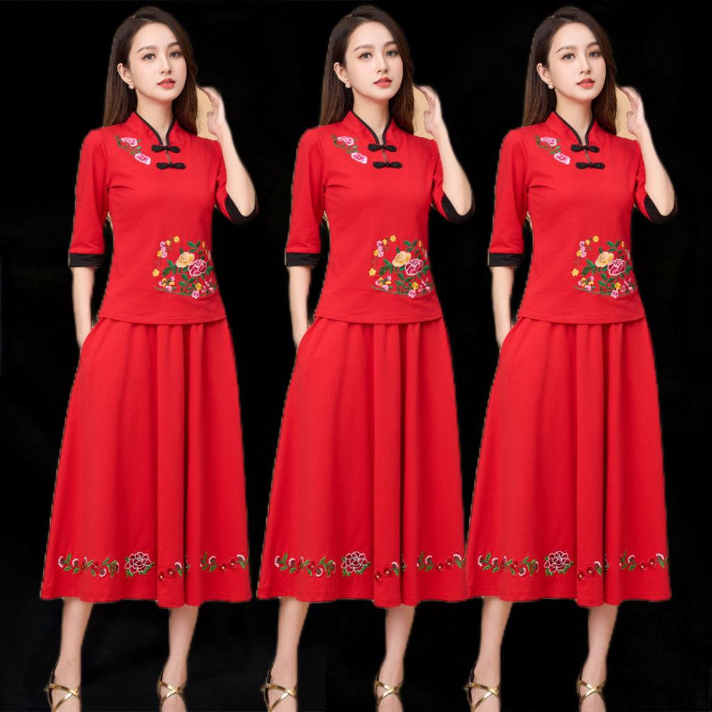 广场舞服装新款套装春夏古典中国风表演舞蹈服刺绣演出服长裙