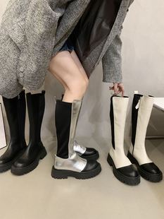 骑士靴 长筒女靴时尚 拼色切尔西靴不过膝靴粗跟高筒靴秋冬新款 韩版