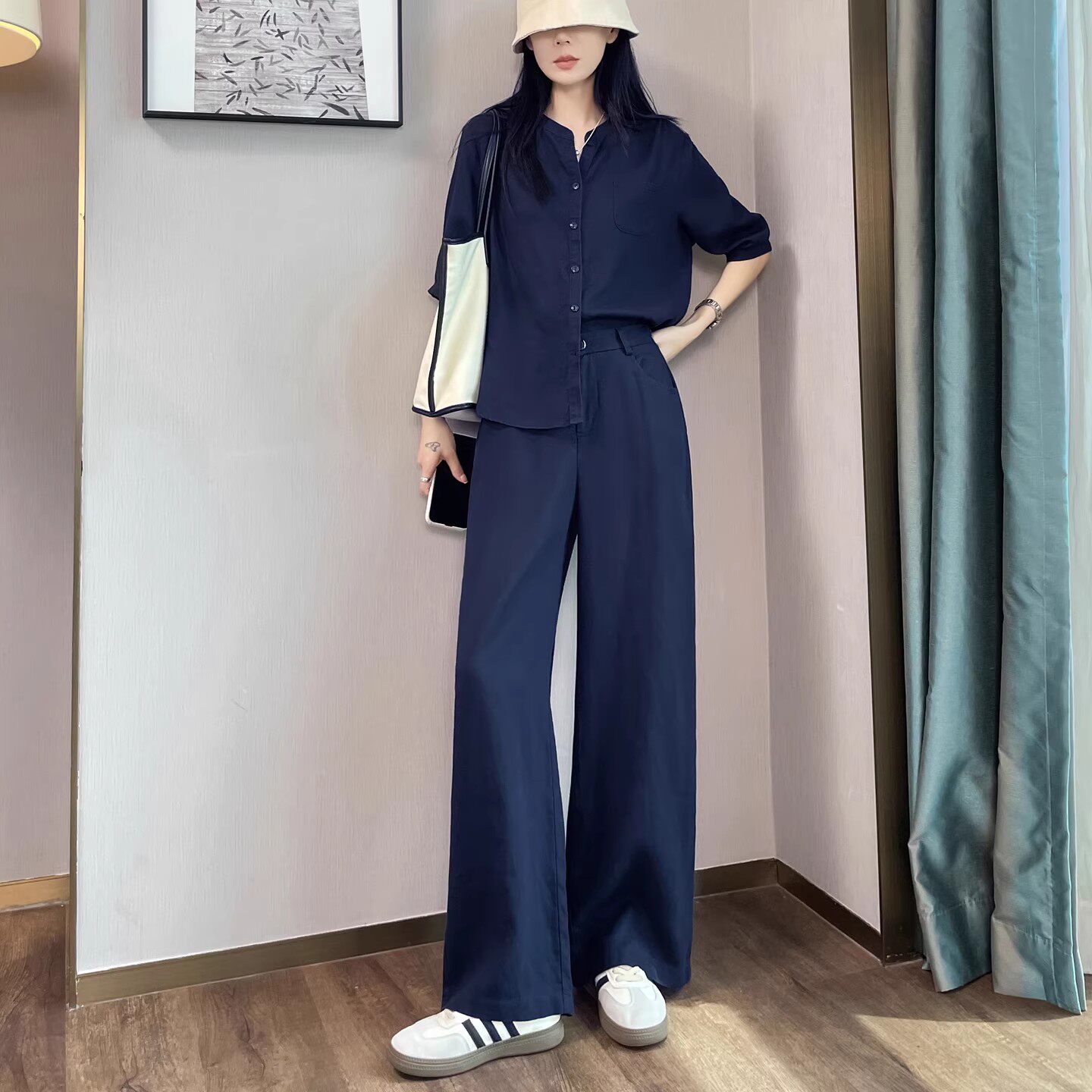 藏蓝色天丝亚麻套装女2026夏季新款轻奢高端简约上衣时尚休闲衬衫