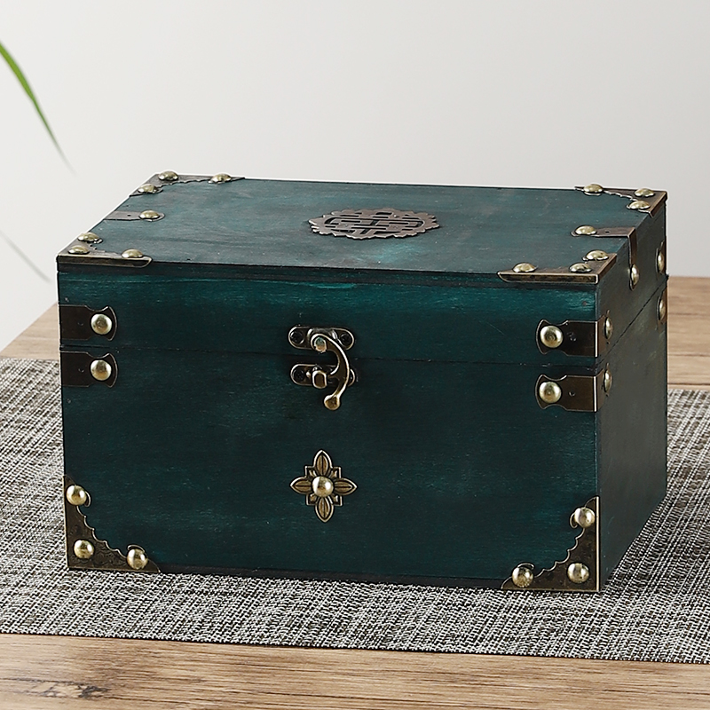 做旧精致带锁喜字收纳盒橱窗道具箱珠宝证件整理百宝盒仿古道具箱