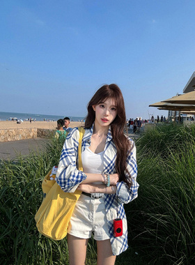 bbr蓝白斜纹格子防晒衬衫女夏季宽松长袖上衣外套 超显白
