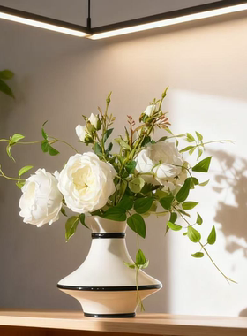 白色奥斯汀玫瑰花 三头玫瑰绢布材质 简约风大气黑白灰装饰仿真花