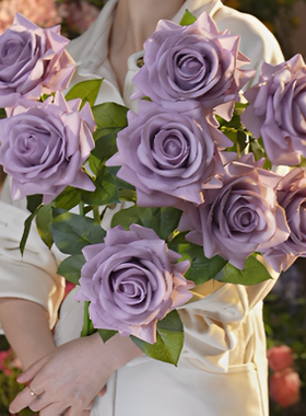 海洋之歌莫兰迪紫色玫瑰花 手感保湿大花头多层水润质感餐桌花