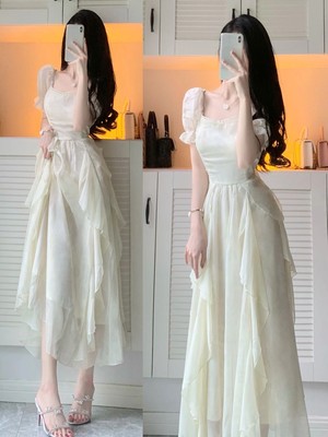 法式白色高级感气质仙女连衣裙夏季温柔风超仙公主裙收腰长款裙子