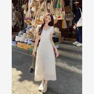 修身 设计感蕾丝镂空V领连衣裙女夏季 收腰裙子A字裙仙女茶歇长裙