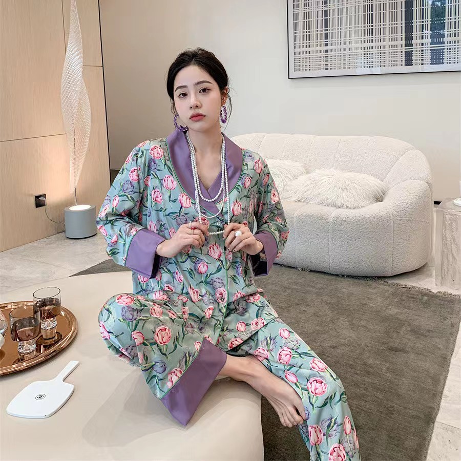【伯爵夫人 | 紫美人】开衫休闲宽松绸面长袖女士睡衣家居服套装