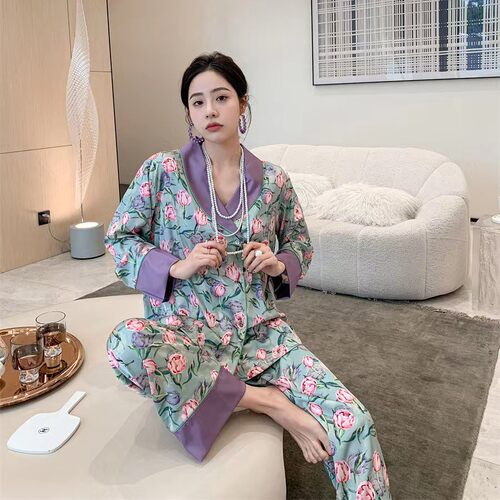 【伯爵夫人 | 紫美人】开衫休闲宽松绸面长袖女士睡衣家居服套装