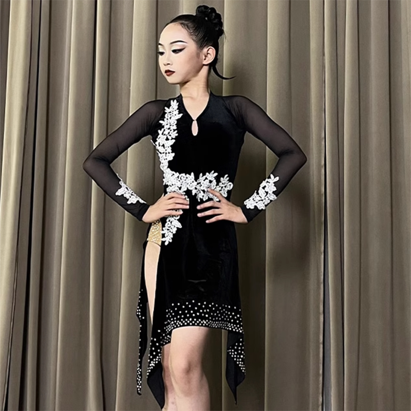 2026新款专业黑色拉丁舞表演出服装高级舞蹈连衣裙女性感比赛花服