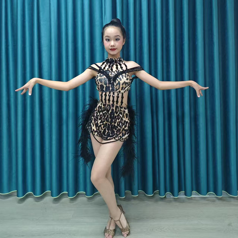 高级感豹纹14岁以上比赛花服女专业艺考舞裙鸵鸟毛表演服春夏新款