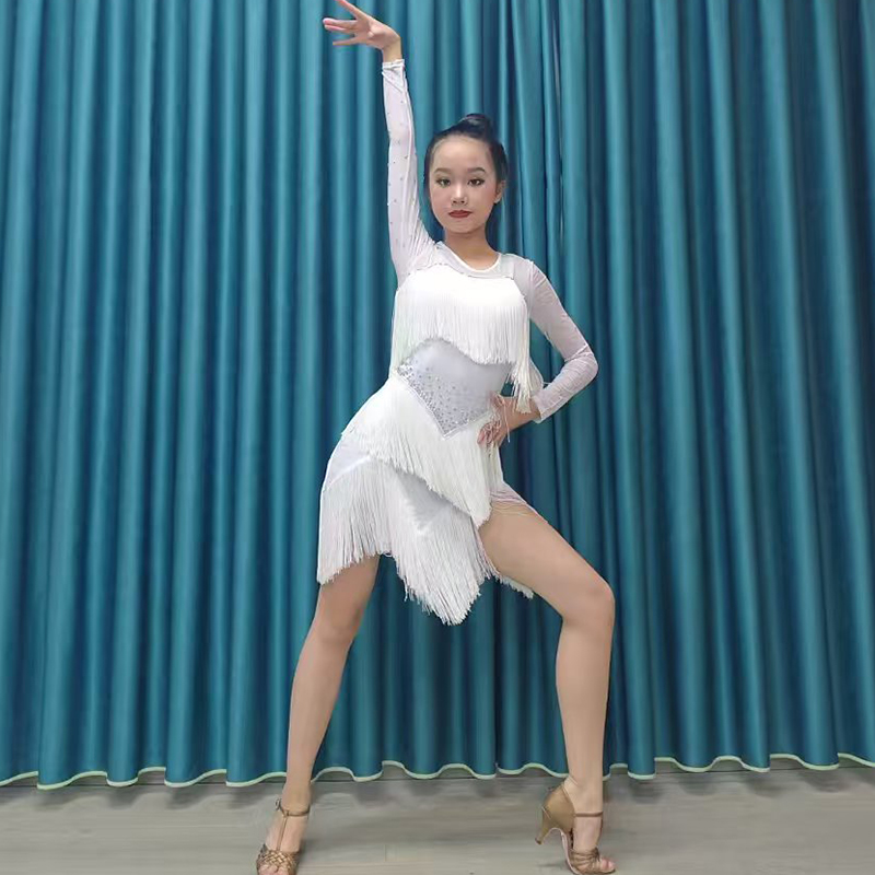 2025新款拉丁舞14岁以上比赛花服白色流苏专业艺考舞蹈裙表演舞裙