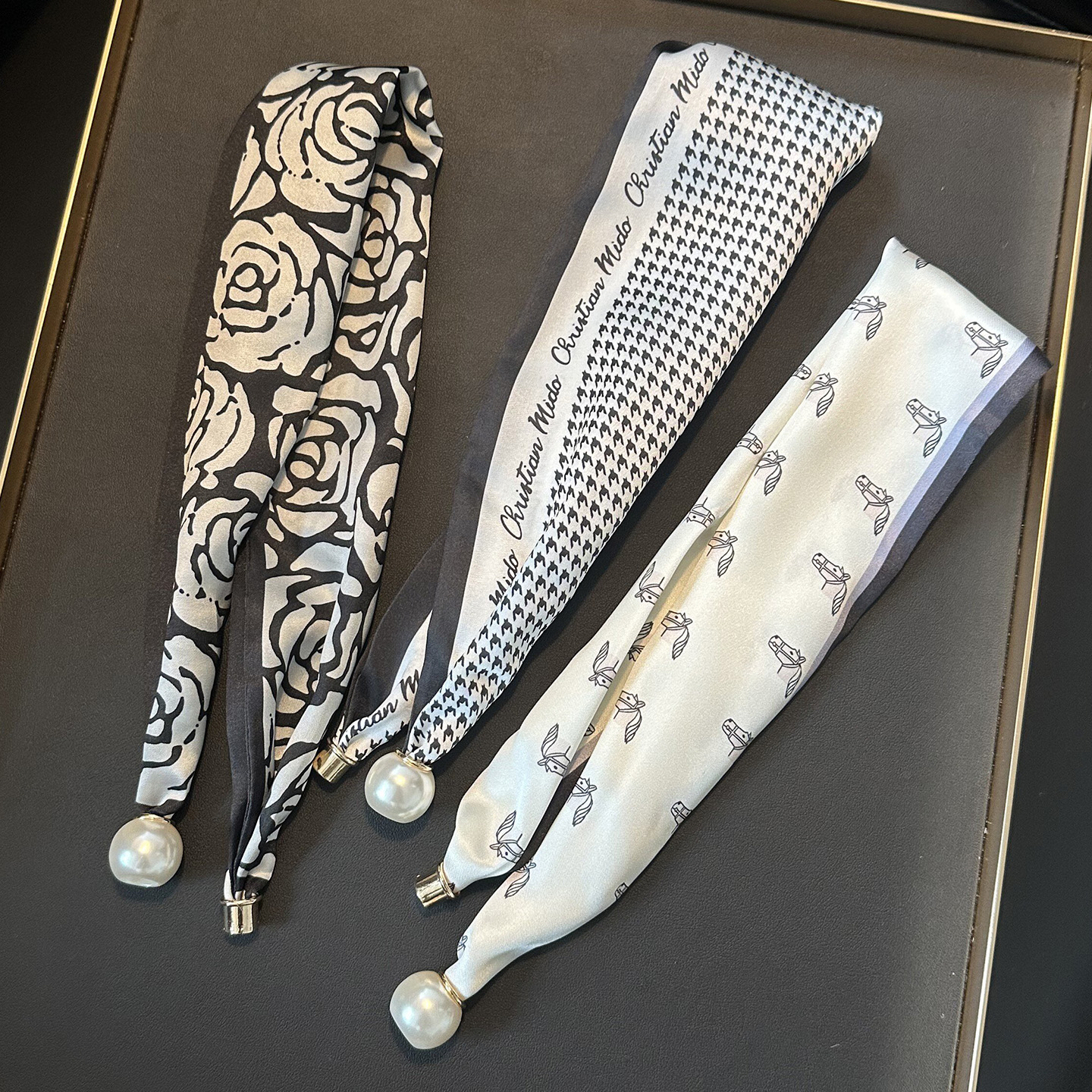 珍珠磁吸扣围巾细长条丝巾女款