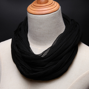 简约方便真丝脖套围脖女高品质桑蚕丝细条丝巾秋冬保暖领巾纯黑色