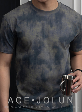 【灰蓝扎染】高奢棉感圆领短袖T恤春夏男士设计师款透气简约上衣
