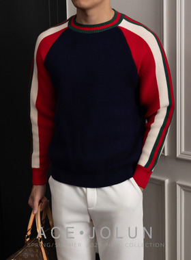 黑色拼色长袖针织衫男秋冬冬季老钱风加厚内搭打底衫男士毛衣上衣