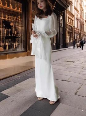 Trade long sleeved collar, fish tail dragging, wedding