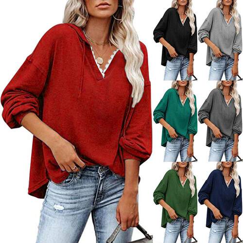 Women's hooded lace collar long sleeved sweatshirt