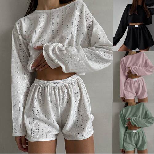 Set with hollowed out pullover, long sleeved top, shorts