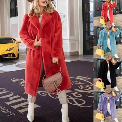 Women's lace up lapel plush long jacket for women