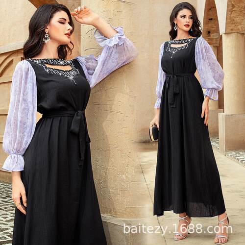 Glass inlaid diamond spliced lantern sleeve long skirt