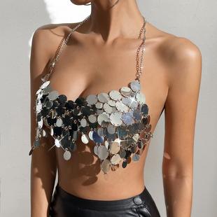 women chain vest 背心 Sequined 亮片露背链条女装 backless