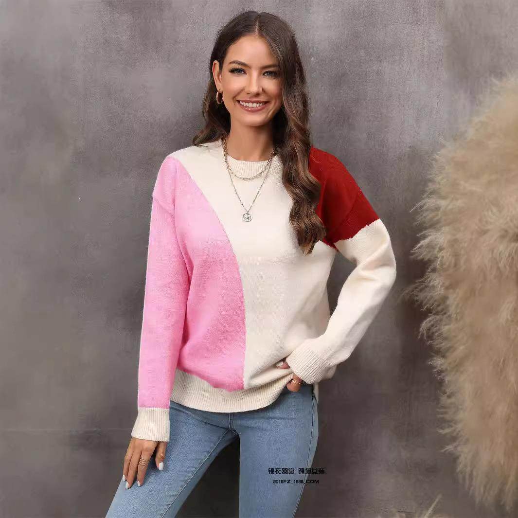 Hooded splicing color blocked oversized base knit sweater